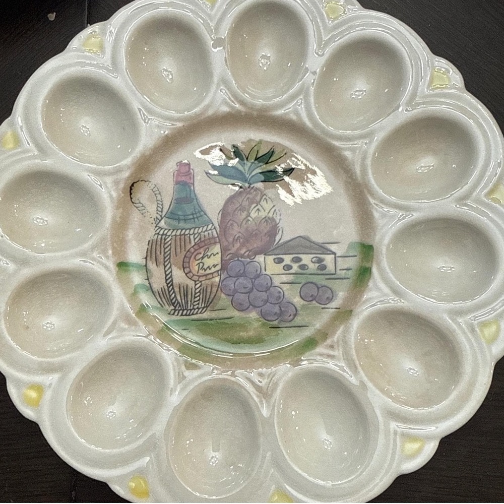 Vintage Ceramic Deviled Egg Platter Hand Painted Wine Fruit Still Life 9.5 Inch